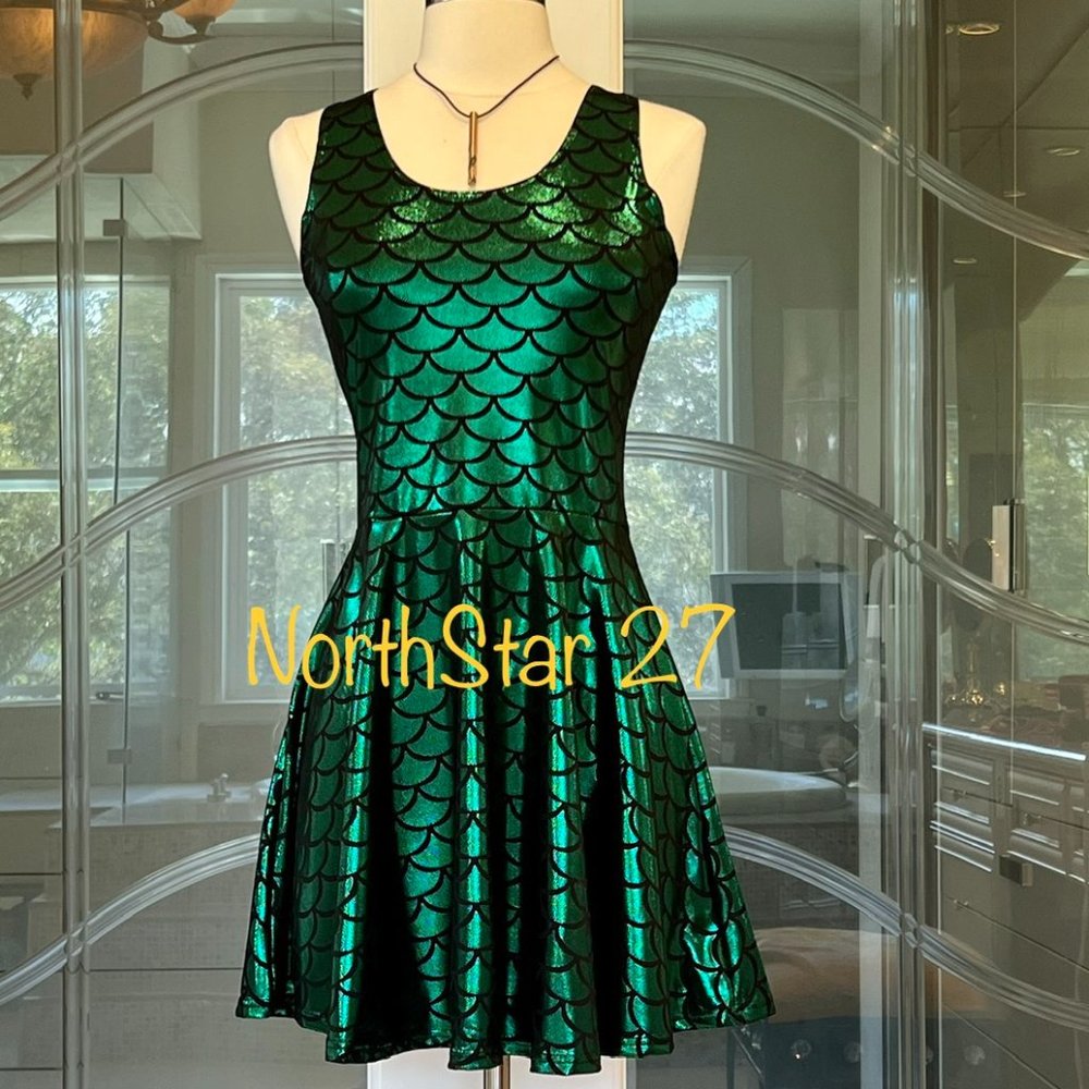Plus And Regular Size Holograph Shiny Mermaid Scale Skater Mini Dress
